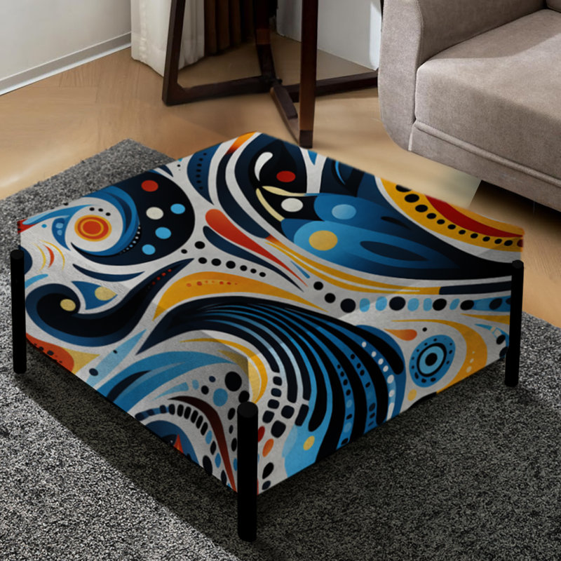 Bleu et orange Tribal Dreams I - Grand repose-pieds carré abstrait