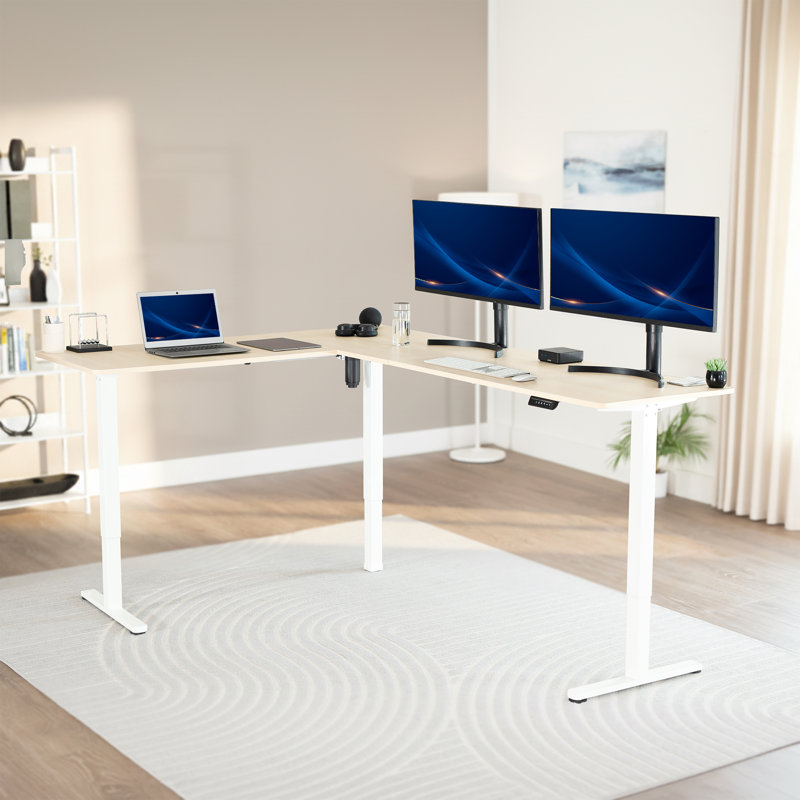 Bureau d'angle électrique VIVO, poste de travail en L, Bois clair/blanc, L 84,6 po x P 63 po