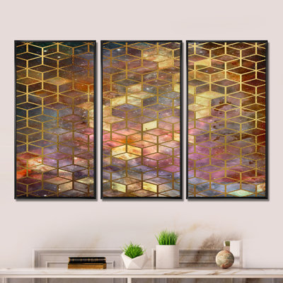 Cubes jaunes sur fond nébuleux - Ensemble de 3 reproductions sur toile