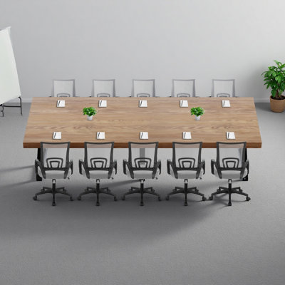 Industrial-style solid wood conference table and chair set, paired with breathable mesh office chairs