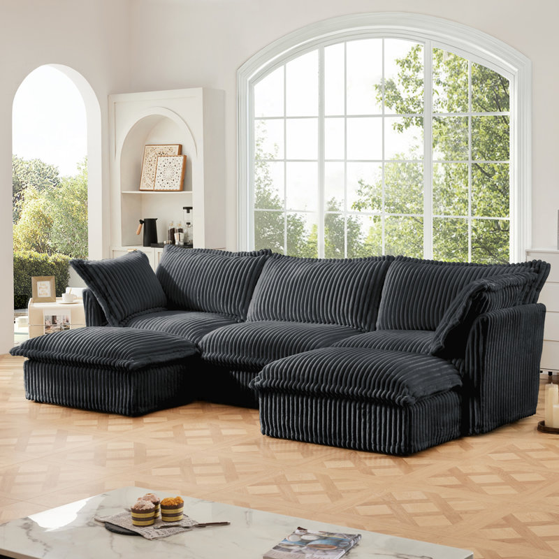 Slipcovered U-Shape 4 Seater Sectional Sofa With Reversible Ottoman, Deep Seat Comfort And Elegant Corduroy Design