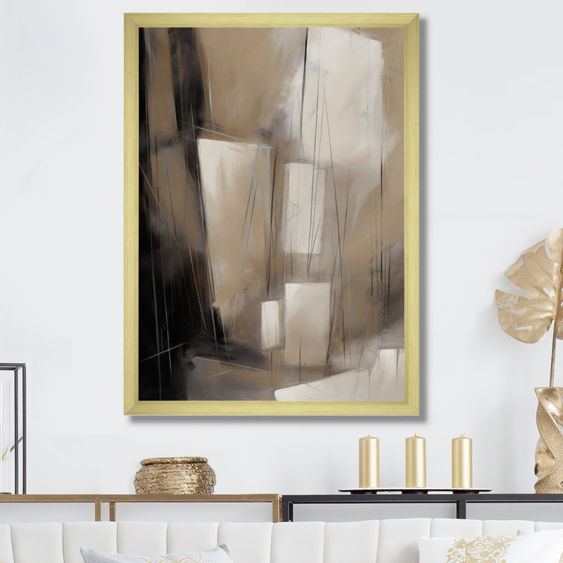 Mélange géométrique gris beige Phebe I, H 44 po x l 34 po x P 1,5 po, Encadrement doré