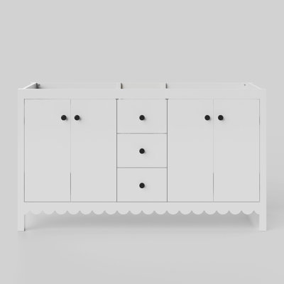Scalloped 60 Inch Double Bowl Vanity - White - No Top - Black Knobs