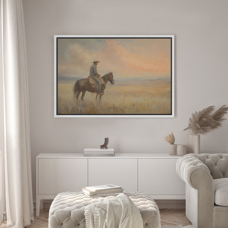«Western Cowboy Riding Horse In The Field», impression sur toile encadrée pour chambre à coucher, H 16 po x l 24 po, Blanc