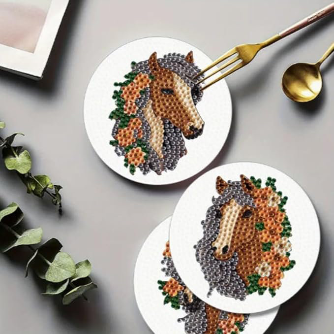 Set of 4 5D Diamond Painting Horse Coasters DIY Diamond Coasters Kit 