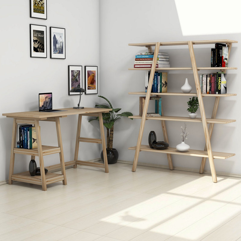 Ensemble de bureau et bibliothèque rustique scandinave, finition chêne, bureau: 47,2 po x 28,9 po x 19,9 po | Bibliothèque: 47,2 po x 58,3 po x 11,8 po | 100% bois de pin, fixation murale, rangement supplémentaire, parfait pour le bureau à domicile et la décoration de chalet
