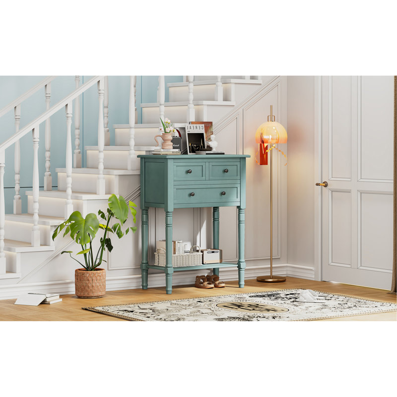 Console étroite, canapé mince avec trois tiroirs de rangement et tablette inférieure (bleu clair), Bleu clair, Bleu clair