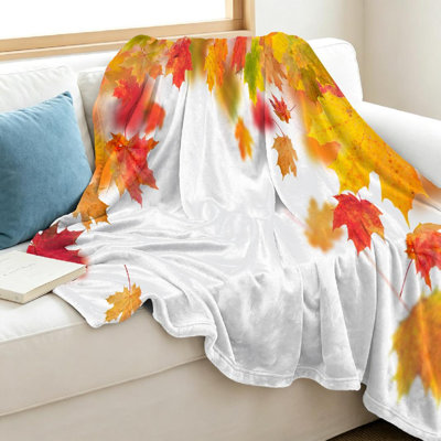 White Ultra Soft Flannel Fleece Throw Blanket,Falling Maple Leaves Single-Sided Print