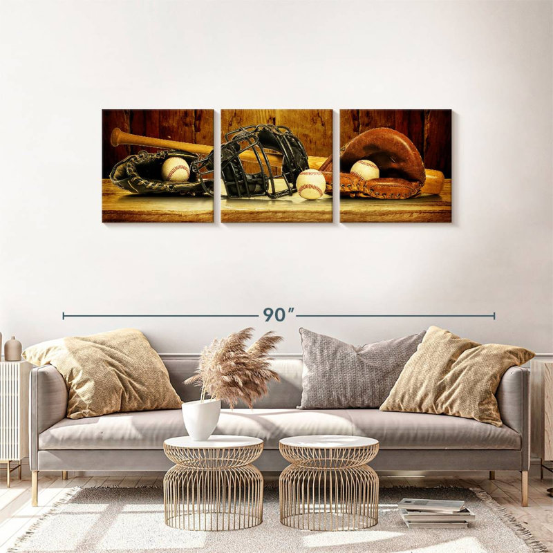 Ensemble de 3 pièces de baseball en sépia sur toile par Ivan S, H 24 po x l 74 po x P 1,25 po