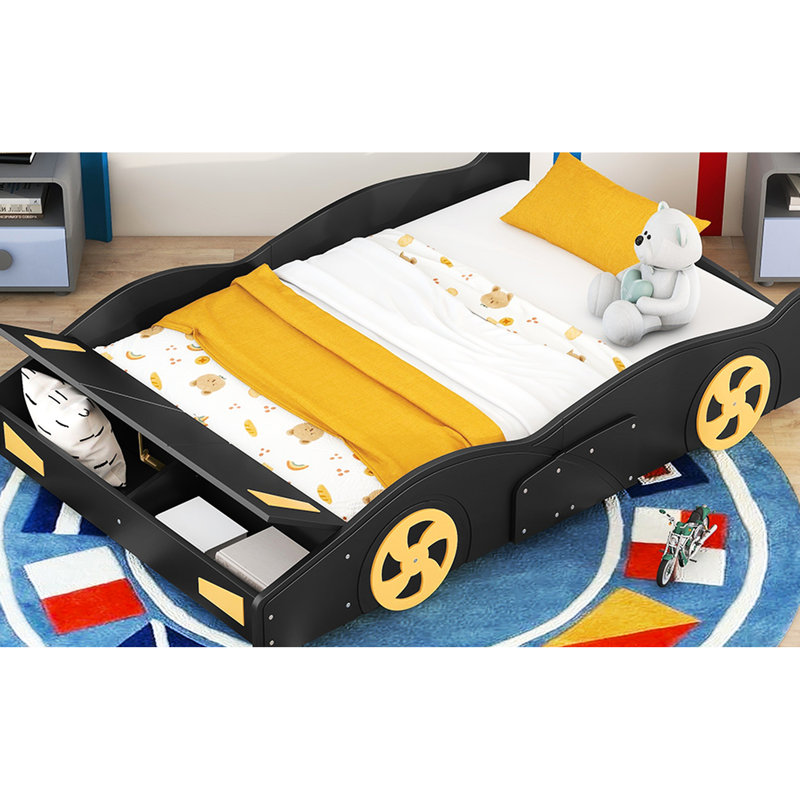 Lit de voiture de course en bois avec rangement et conception attrayante et fonctionnelle noire, Lit double, Noir