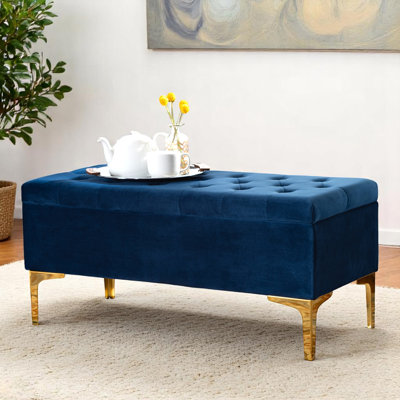 Reiser Navy Fabric Upholstered Tufted Storage Ottoman, Gold Finish, 17.15" H X 37.79" W X 17.33" D