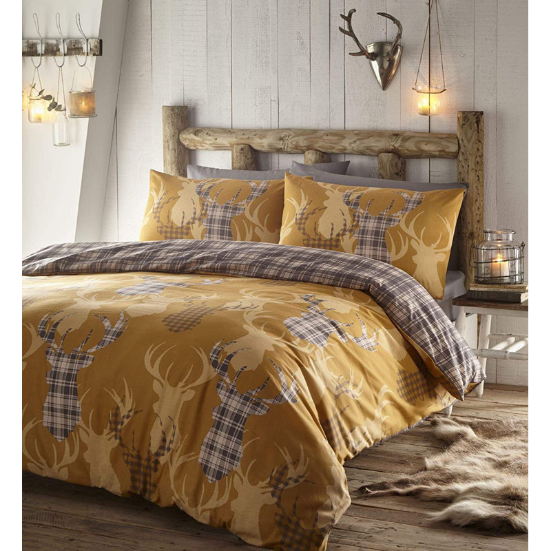 Hinnant Tartan Check Stag Easycare Reversible Duvet Cover Set, King Duvet Cover + 2 Standard Pillowcases, Mustard