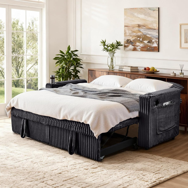 65 In Full Sleeper Sofa Bed, Convertible Pull Out Couch With Small Table, Black
