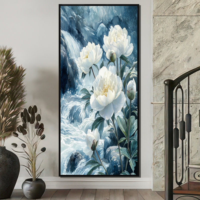 Pivoines au bord de la rivière I - Art mural pivoines, H 60 po x l 28 po, Reproduction avec cadre flottant, Noir