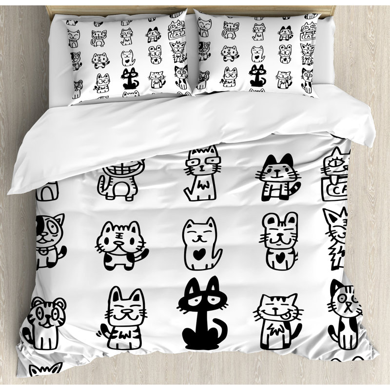 King Size Black and White Cat Duvet Cover Set