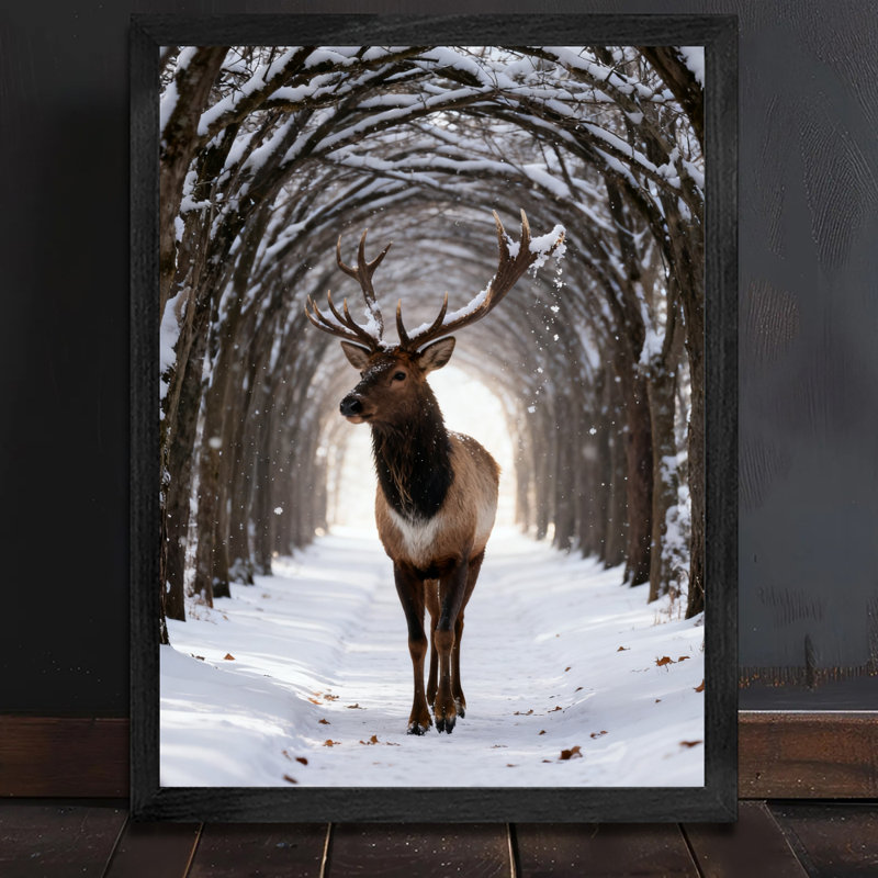 Art mural encadré noir cerf rétro par temps neigeux, H 17 po x l 13 po