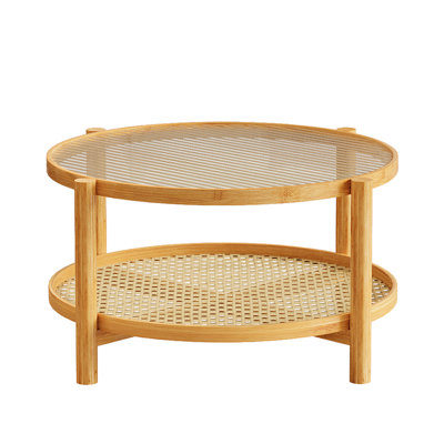 Round Rattan Coffee Table with Glass Top and Woven Storage Shelf – Two-Tier Modern Side Table for Living Room, Home Office & Small Spaces