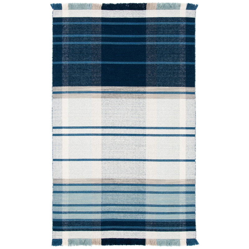 Anjail Flat Weave Wool/Cotton Plaid Rug in Beige/Blue, Rectangle 5' x 8'