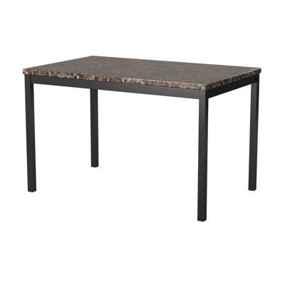 Table de salle à manger transitionnelle avec 4 sièges, plateau en faux marbre brun, pieds en métal noir