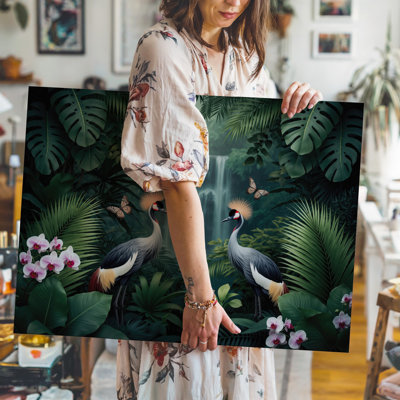 Toile, scène sereine de la jungle avec deux grues élégantes avec art mural saisissant