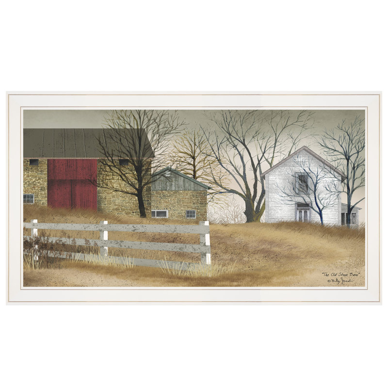«Old Stone Barn» par Billy Jacobs - Reproduction d'art sur papier encadrée, Cadre blanc, H 19 po x l 33 po x P 1 po
