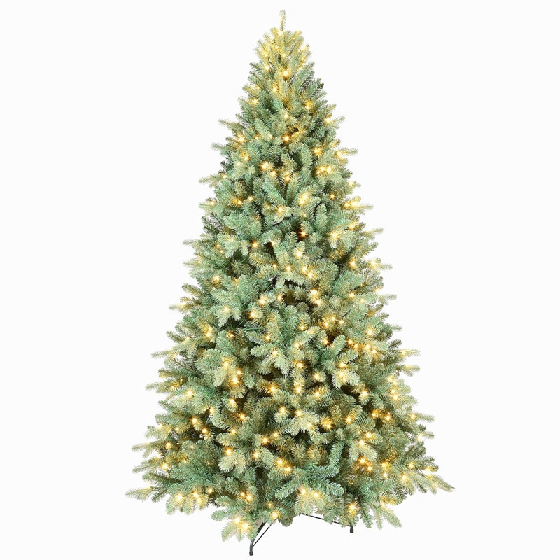 Arbre de Noël 8 pi PE / PVC bleu-vert avec 650 lumières DEL blanc chaud - 2458 pointes, conception à branches articulées, aspect naturel, support en métal, décoration des Fêtes facile à assembler
