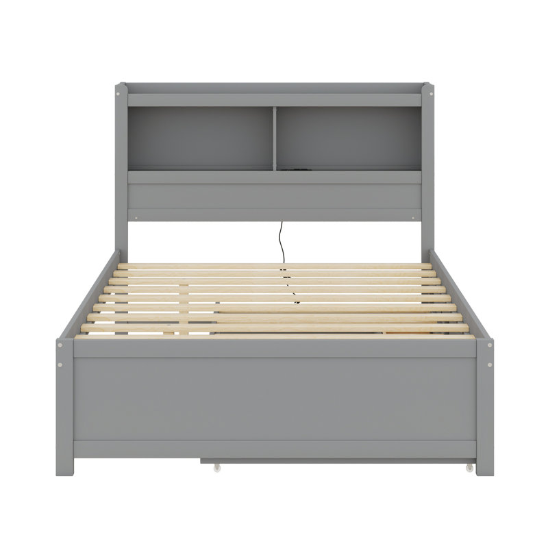 Lit plateforme avec lit gigogne, tiroirs et prises USB, Gris