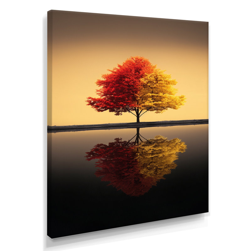 Arbre rouge et jaune dans un lac tranquille - arbre chêne, art mural, Toile tendue, H 20 po x l 12 po x P 1 po