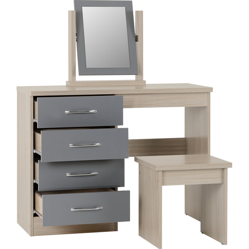 Cascio Dressing Table Set with Mirror, Grey Gloss/Light Oak Effect Veneer