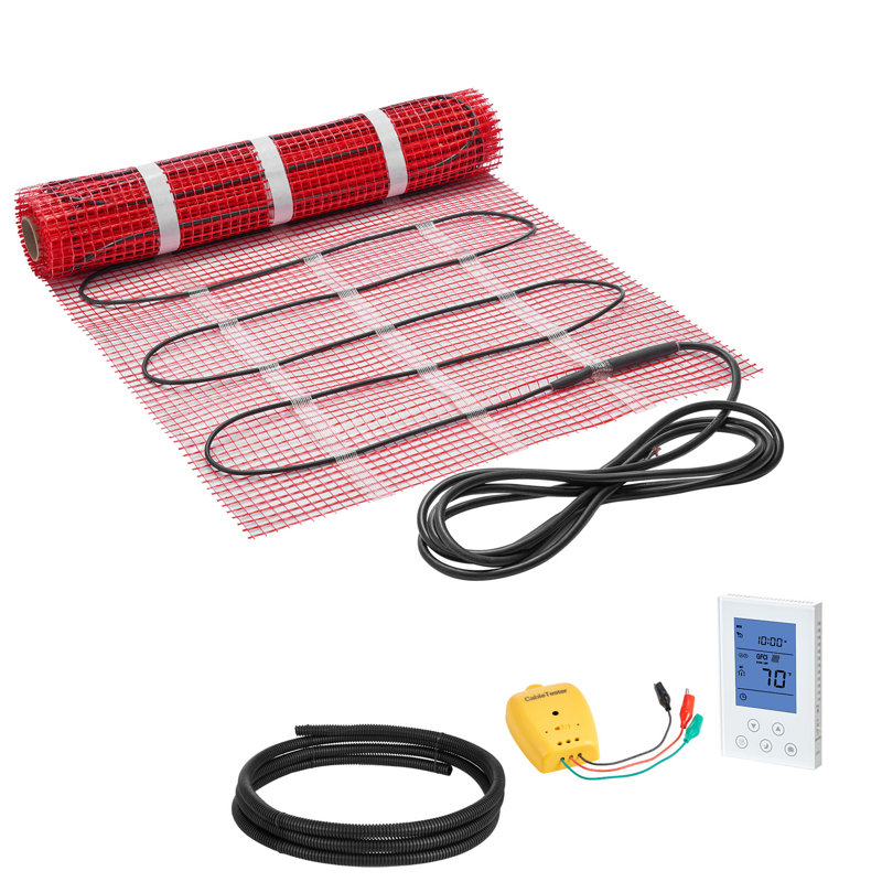 Système de tapis de plancher chauffant auto-adhésif de 15 pieds carrés, système de plancher chauffant électrique radiant 120 V, avec thermostat et alarme à contrôle intelligent, installation facile pour les carreaux, la pierre, le vinyle