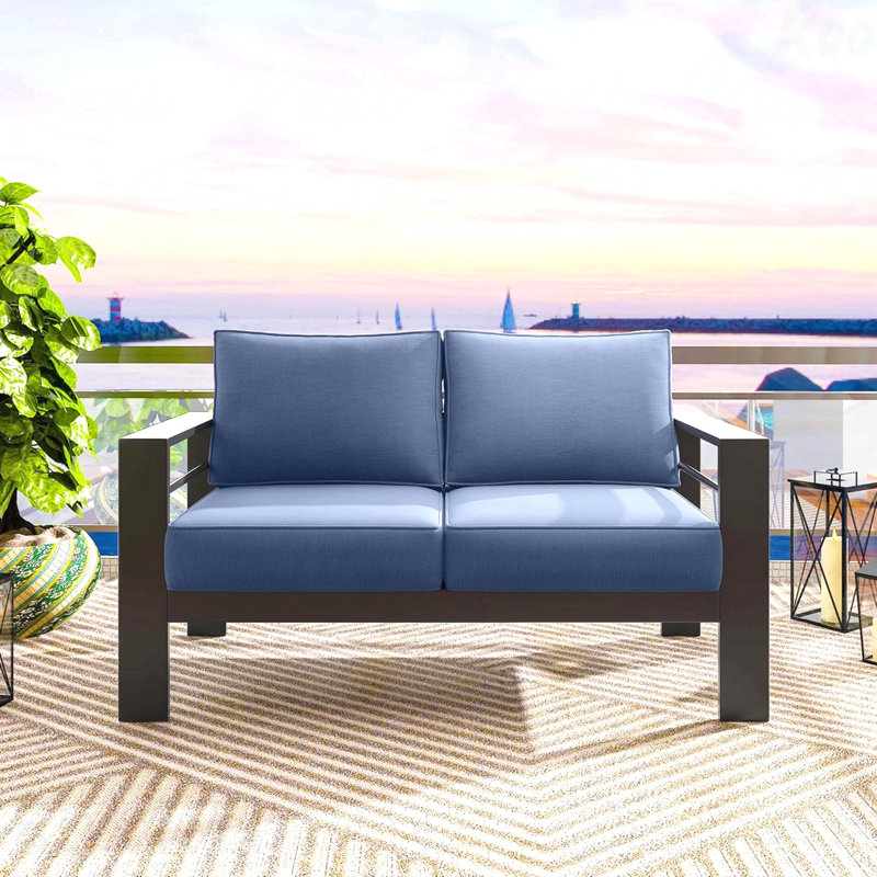 Causeuse de patio en aluminium toutes saisons de 50 po avec coussins bleus épais et structure noire, Bleu, Noir