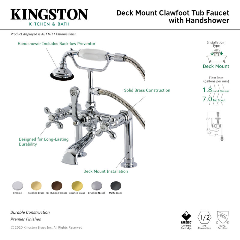 Kingston Brass Aqua Vintage Three-Handle 2-Hole Deck Mount Clawfoot Tub Faucet with Hand Shower, Polished Brass