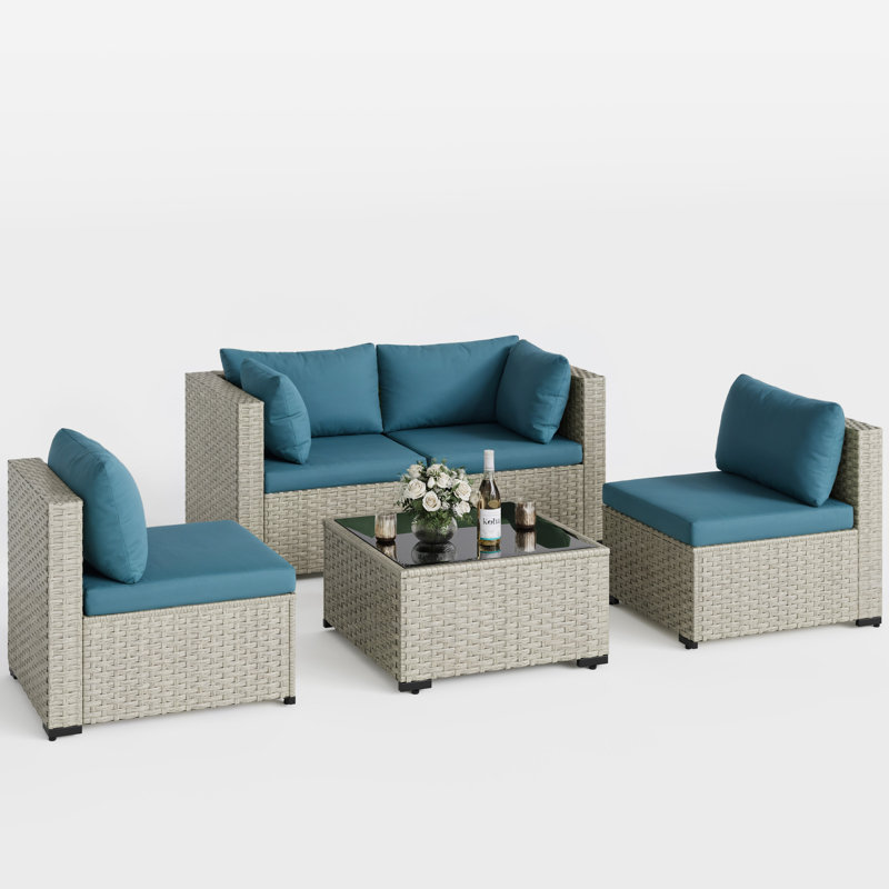 5 Pieces Patio Conversation Set, Peacock Blue