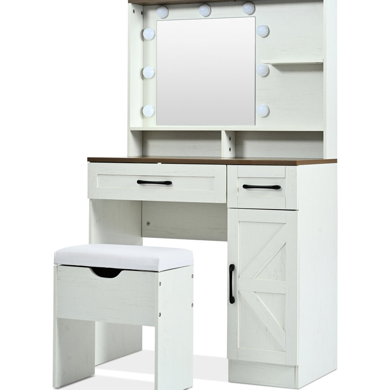 Coiffeuse blanche avec miroir, lumières, 3 modes, 2 tiroirs, tablettes réglables, armoire latérale pour miroir et armoire de coiffeuse de style chambre à coucher
