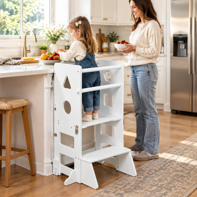 Tour d'escabeau 4 en 1 pour tout-petits avec tableau noir, tour d'apprentissage en bois pliable pour enfants, poste d'activité convertible pour la cuisine, le dessin et l'apprentissage quotidien, blanc