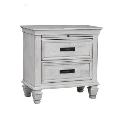 Table de chevet en panneau de fibres à densité moyenne avec 2 tiroirs, plateau de service escamotable et accès par cordon pour une recharge facile, finition blanc antique vieilli