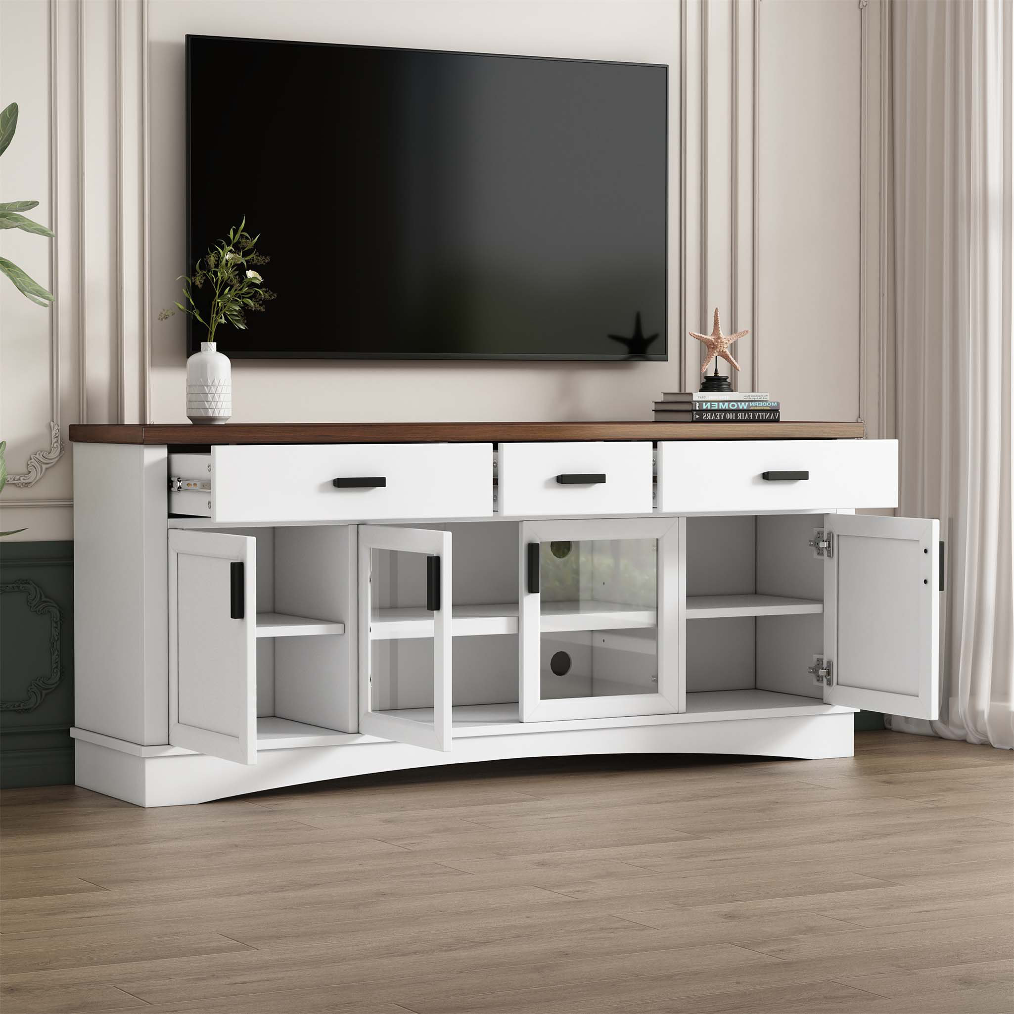 View of George Oliver Modern Blue TV Console With Glass Doors, Storage Drawers ...