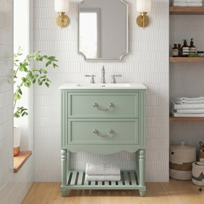 Meuble-lavabo 24 po avec lavabo en céramique, deux tiroirs à fermeture douce, tablette ouverte et pieds tournés French Country