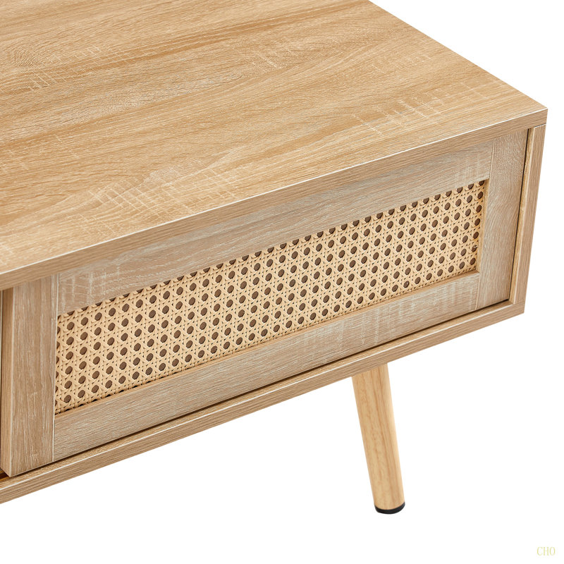 Table basse en rotin de 41,34 pouces avec porte de rangement coulissante et pieds en bois massif pour les salons modernes