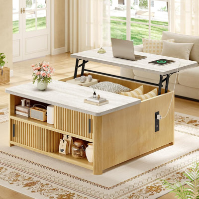 Table basse 31,5 "à plateau relevable en bois cannelé avec rangement caché