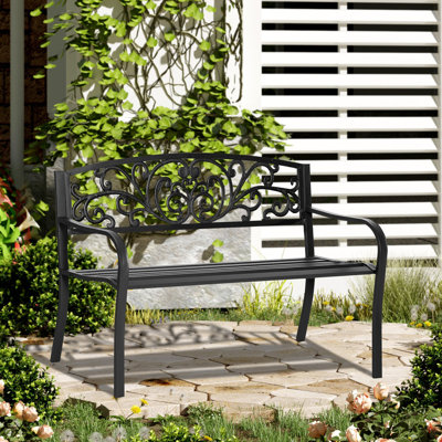 Banc d'extérieur, banc de jardin en métal avec dossier à motif floral, banc de véranda avec siège à lattes pour parc, cour, pelouse