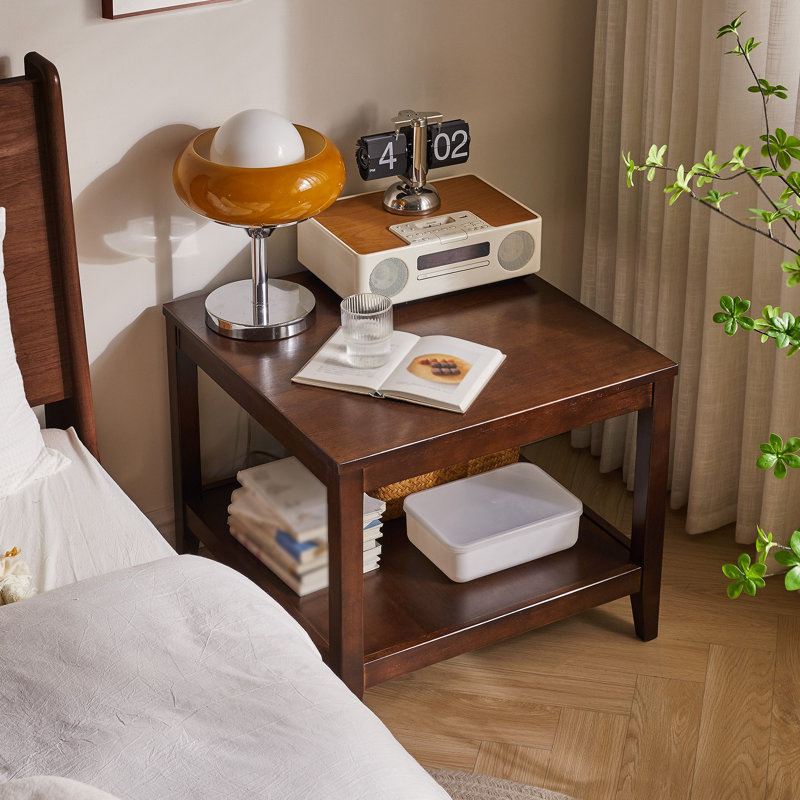 Table de bout en bois massif, table d'appoint carrée à 2 niveaux avec tablette de rangement, table de chevet en bois, petite table basse