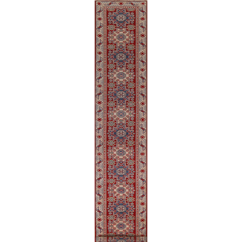 Handmade Kazak Geometric Runner Rug 3x19
