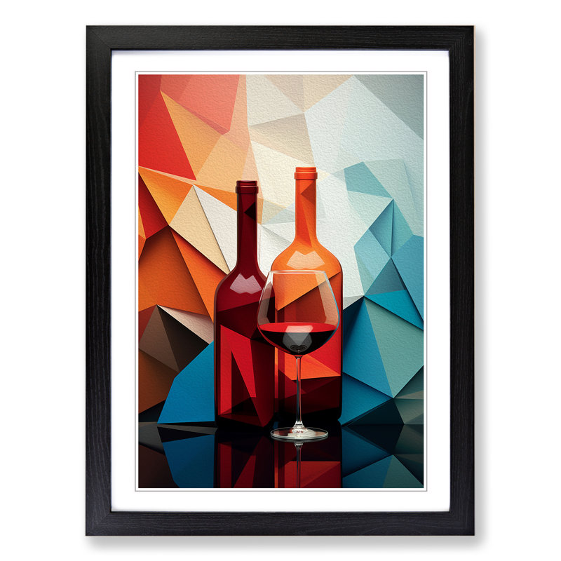 Wine Geometric - Single Picture Frame Print on Wood, 46cm H x 34cm W x 2cm D, Black