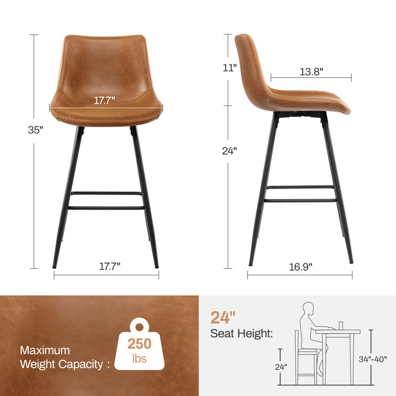 Tabouret de comptoir moderne en similicuir, Brun whisky, Tabouret de comptoir (siège d'une hauteur de 24 p, 3