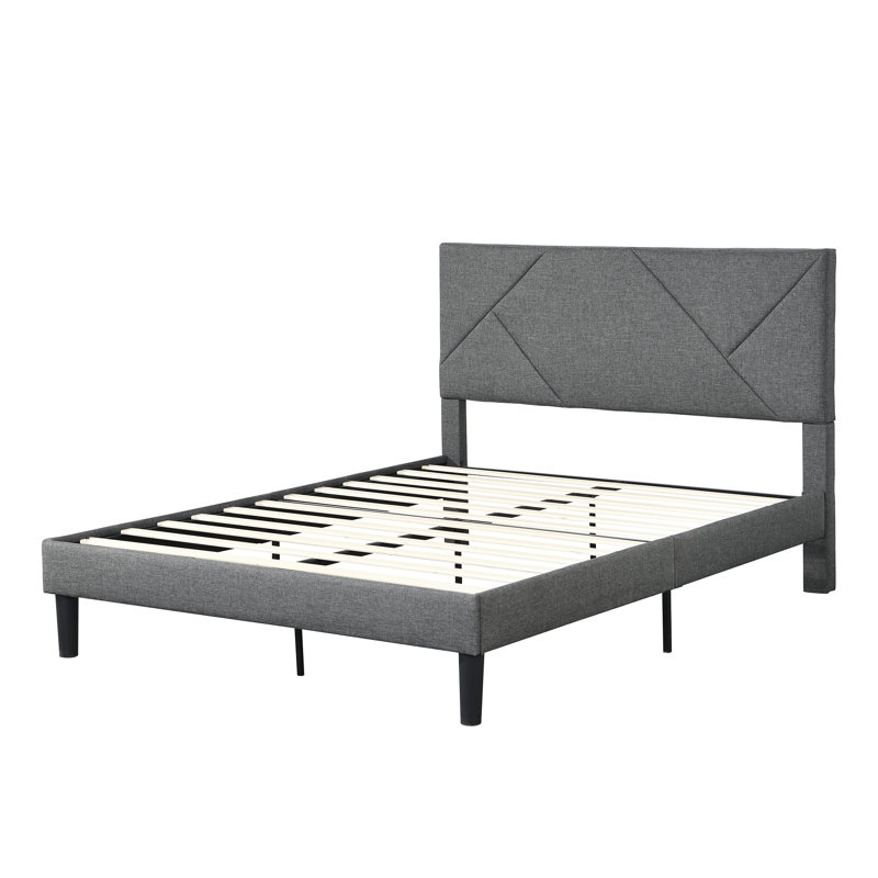 Grand lit tapissier gris moderne - Structure avec support à lattes de bois, installation sans effort, aucun sommier nécessaire, toutes les tailles de matelas peuvent être installées, structure de 500 lb pour un assemblage facile,