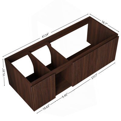Meuble suspendu de 122 cm (48 po) avec trois portes rayées et une tablette ouverte, sans lavabo ni comptoir, sans robinet ni couvercle d'évier, couleur noyer foncé.