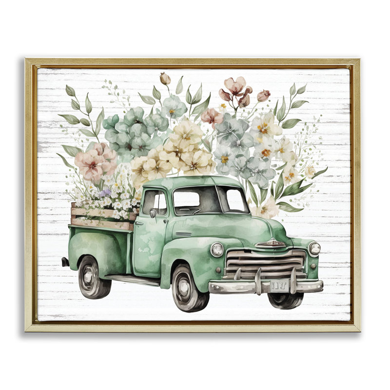 Art floral sur toile flottant encadré par camion, Cadre flottant métallique doré, H 17 po x l 21 po