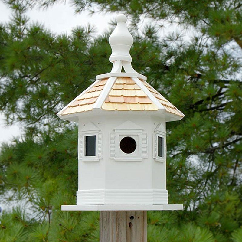 White Hexagonal Wooden Bird House with Shingled Roof