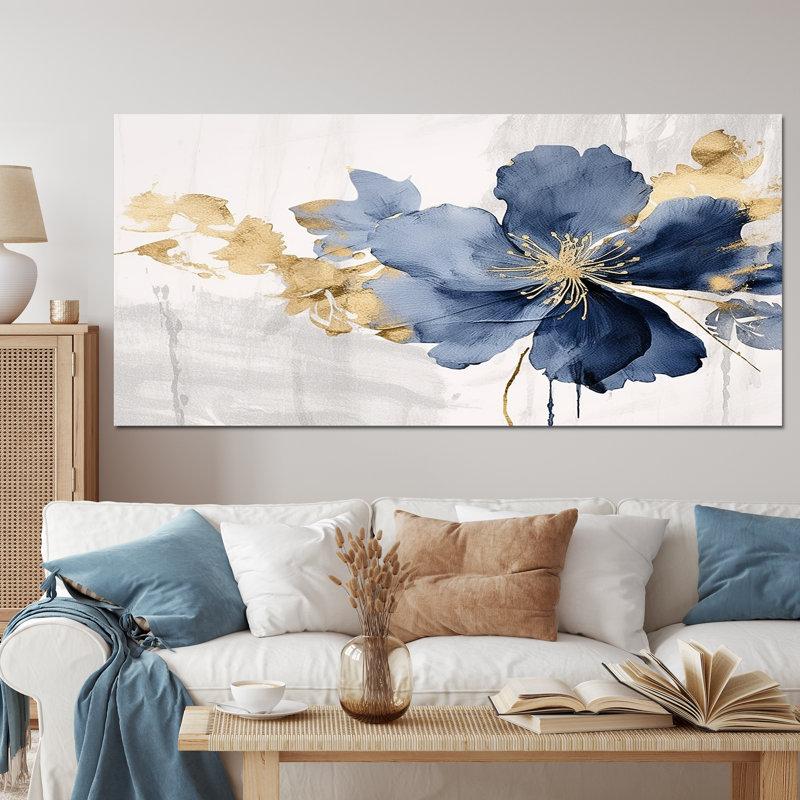 Hibiscus bleu et blanc, fleurs d'harmonie tropicale I - art mural floral, Toile tendue, H 28 po x l 60 po x P 1,5 po